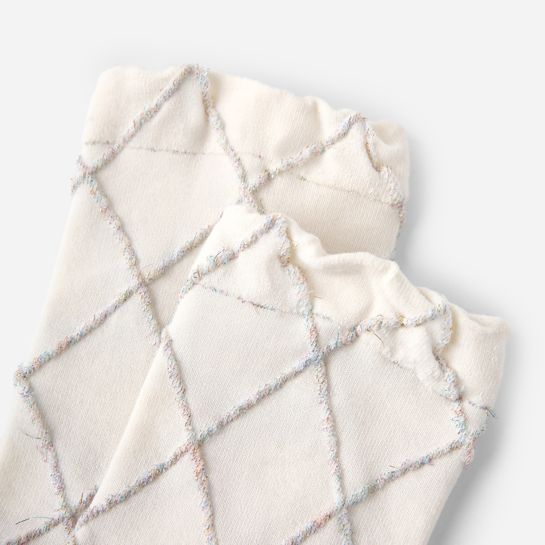 Women's Cream Plaid Cotton Crew Socks With Glitter