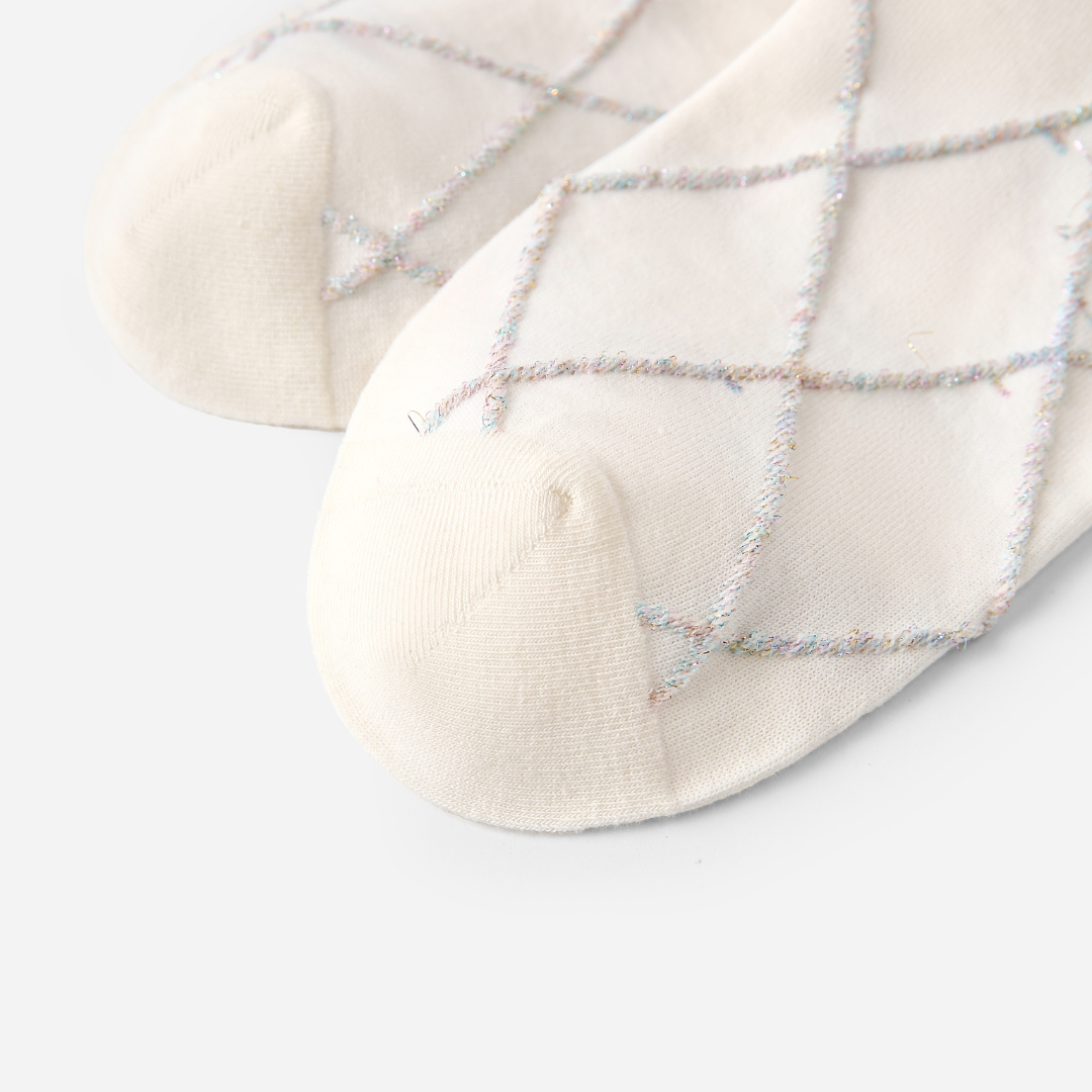 Women's Cream Plaid Cotton Crew Socks With Glitter